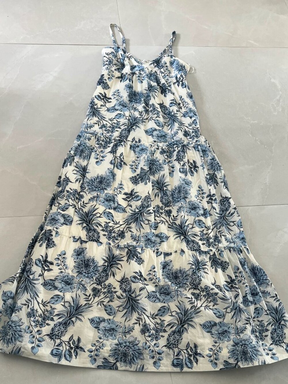 Taylor Blue White Floral Tiered Cotton Cami Maxi Dress with Pockets (Size XS)